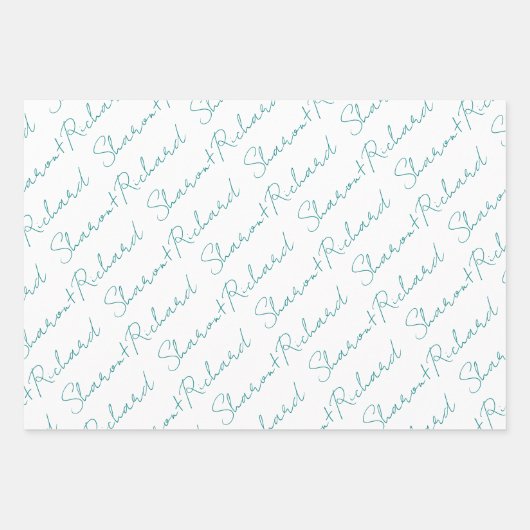 Teal blue script calligraphy names wedding geschenkpapier set (Vorderseite 3)