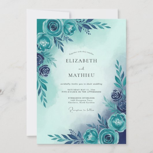 Teal Blue Serene Botanical Wedding Einladung (Vorderseite)