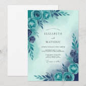 Teal Blue Serene Botanical Wedding Einladung (Vorne/Hinten)