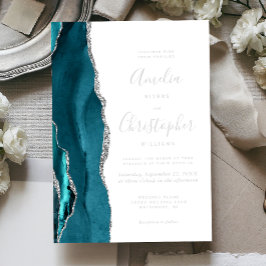 Teal Blue Silver Agate Modern Script Wedding Folieneinladung