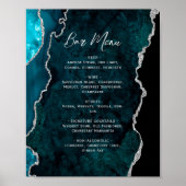 Teal Blue Silver Agate Script Wedding Bar Menu  Poster (Vorne)