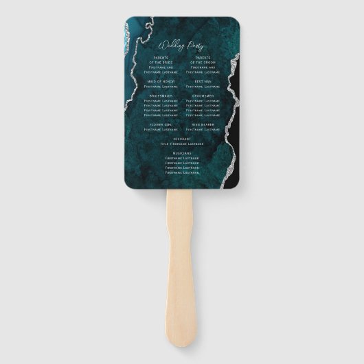 Teal Blue Silver Agate Script Wedding Program Fächer (Rückseite)