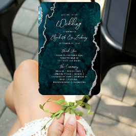 Teal Blue Silver Agate Script Wedding Program Fächer