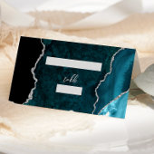 Teal Blue Silver Agate Script Wedding Table Platzkarte