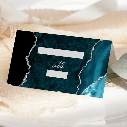 Teal Blue Silver Agate Script Wedding Table Platzkarte
