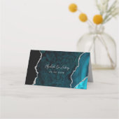 Teal Blue Silver Agate Script Wedding Table Platzkarte (Rückseite)