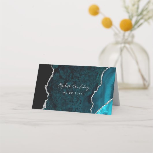 Teal Blue Silver Agate Script Wedding Table Platzkarte (Rückseite)