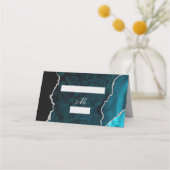 Teal Blue Silver Agate Script Wedding Table Platzkarte (Vorderseite)