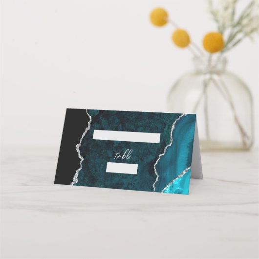 Teal Blue Silver Agate Script Wedding Table Platzkarte (Vorderseite)