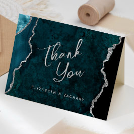 Teal Blue Silver Agate Script Wedding Thank You Karte
