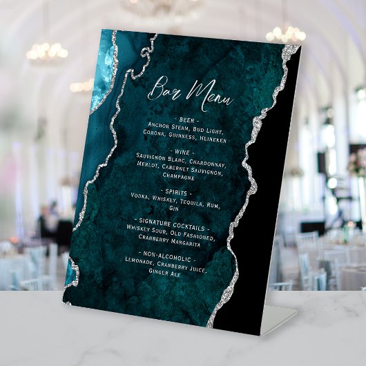 Teal Blue Silver Agate Wedding Bar Menu Sockelschild