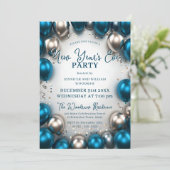 Teal Blue Silver Balloons Confetti New Year's Eve Einladung (Stehend Vorderseite)