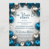 Teal Blue Silver Balloons Confetti New Year's Eve Einladung (Vorderseite)