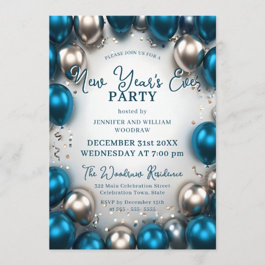 Teal Blue Silver Balloons Confetti New Year's Eve Einladung (Vorderseite)
