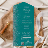Teal Blue Silver Glitter QR Code Wedding All In One Einladung
