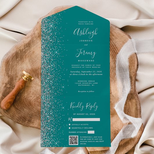 Teal Blue Silver Glitter QR Code Wedding All In One Einladung