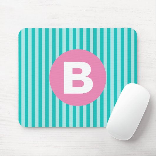 Teal Blue Vertical Striped Pink Circle Monogram Mousepad (Mit Mouse)