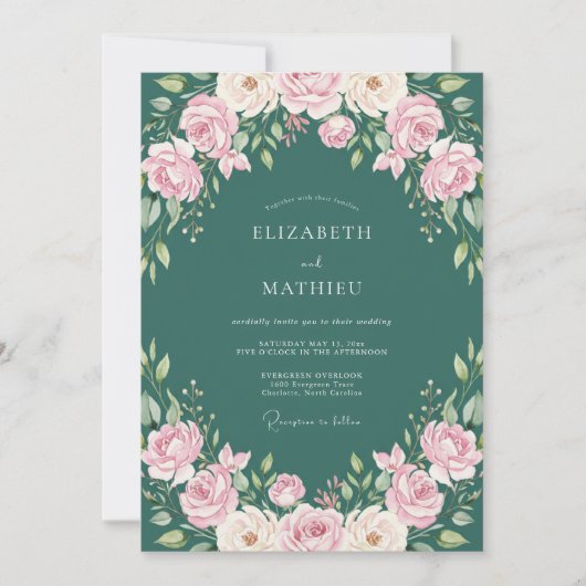 Teal blühende Rosenhochzeit Einladung (Vorderseite)