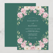 Teal blühende Rosenhochzeit Einladung (Vorne/Hinten)