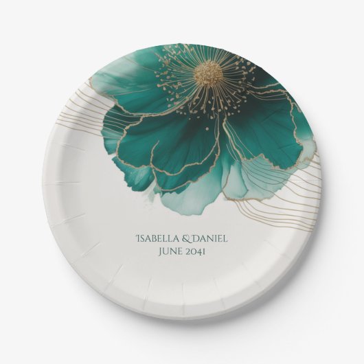 Teal Blumen Gold Hochzeit Pappteller (Vorderseite)