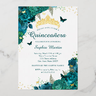 Teal-Blumen-Schmetterling-elegante Quinceanera  Folieneinladung
