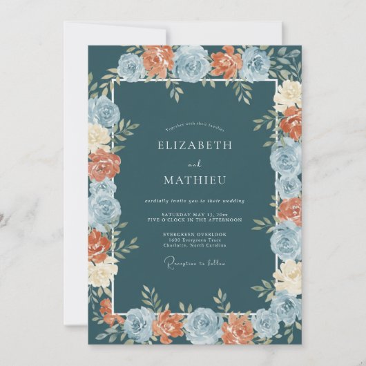 Teal Blumengrenze Hochzeit Einladung (Vorderseite)