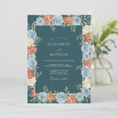 Teal Blumengrenze Hochzeit Einladung (Stehend Vorderseite)
