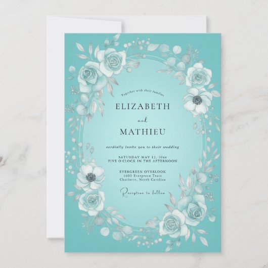 Teal-Blumenkranz-Hochzeit Einladung (Vorderseite)