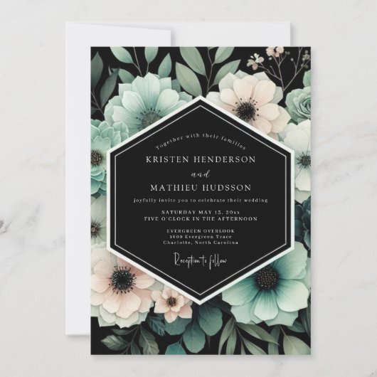 Teal & Blush Moody Floral Wedding Einladung (Vorderseite)