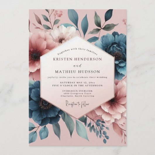 Teal Blush Painterly Bloom Wedding Einladung (Vorderseite)
