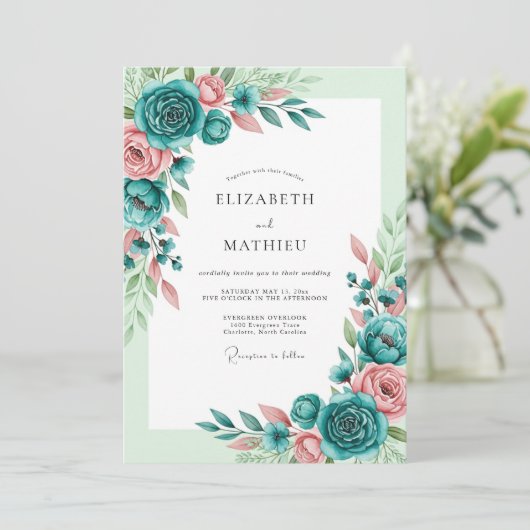 Teal Blush Romantic Spring Wedding Einladung (Stehend Vorderseite)