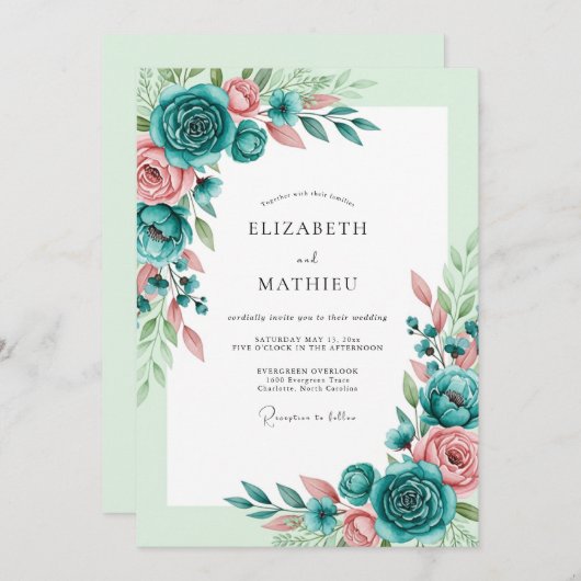 Teal Blush Romantic Spring Wedding Einladung (Vorne/Hinten)