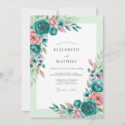 Teal Blush Romantische Frühlingshochzeit Einladung (Vorderseite)