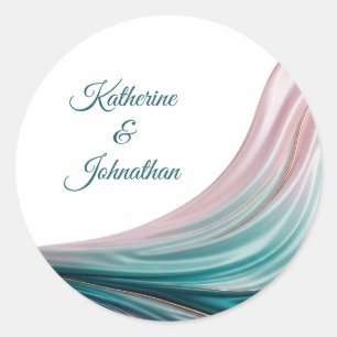 Teal & Blush Seiden-Hochzeits-Aufkleber personalis Runder Aufkleber