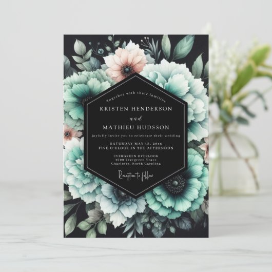 Teal & Blush Shadowy Bloom Wedding Einladung (Stehend Vorderseite)