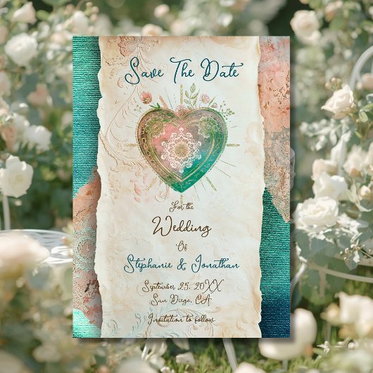 Teal Blush Spitzen Herz Barock Save the Date