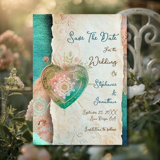 Teal Blush Spitzen-Herz Rokoko-Hochzeit Save the D