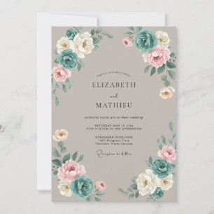 Teal-Blush-Taupe-Hochzeitsflorales Einladung