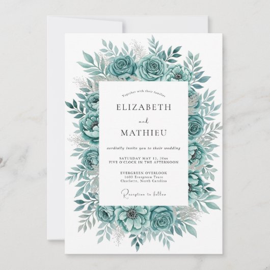 Teal-Blüten-Hochzeit Einladung (Vorderseite)