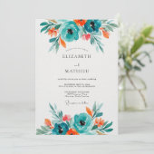 Teal-blüten-Künstlerische-Blüten-Hochzeit Einladung (Stehend Vorderseite)
