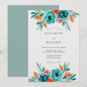 Teal-blüten-Künstlerische-Blüten-Hochzeit Einladung (Vorne/Hinten)