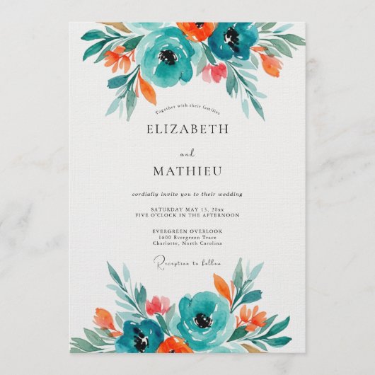 Teal-blüten-Künstlerische-Blüten-Hochzeit Einladung (Vorderseite)