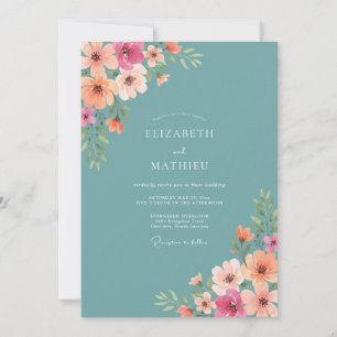 Teal-Blüten-Malerische-Hochzeit Einladung