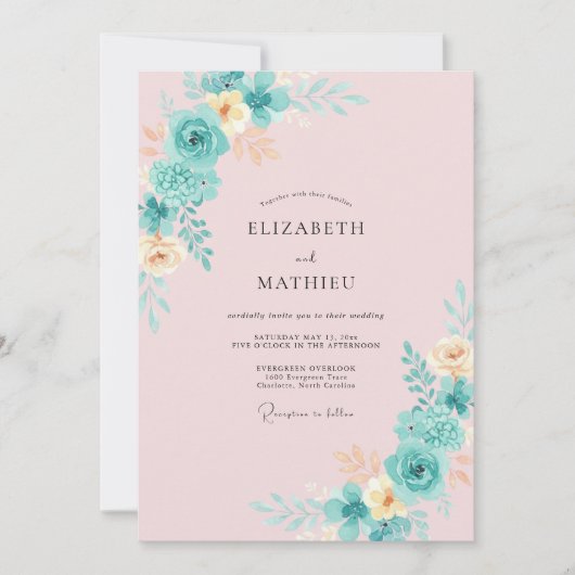 Teal-blütenmalerei-Hochzeit Einladung (Vorderseite)
