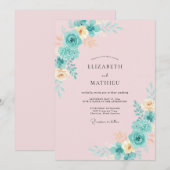 Teal-blütenmalerei-Hochzeit Einladung (Vorne/Hinten)