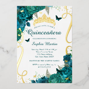 Teal-blütiger Schmetterling Elegante Quinceanera  Folieneinladung