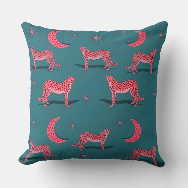 Teal Boho Gepard und Rosa Mond  Kissen (Vorderseite)