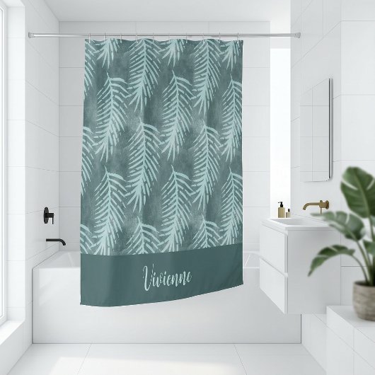 Teal Boho Watercolor Tropical Leaf Monogram Duschvorhang