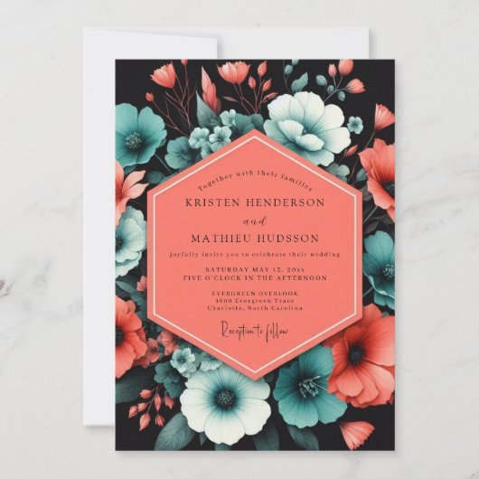 Teal Bold Bloom Wedding Einladung (Vorderseite)
