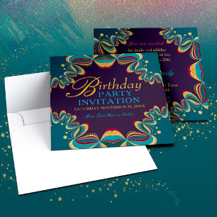 Teal Bordeaux Gold Boho Tribal Spitze Geburtstag Einladung